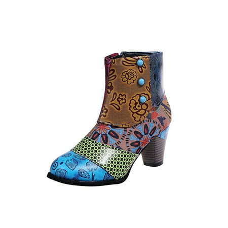 

Ritualay Ladies High Heels Bootie Ethnic Print Ankle Boots Chunky Short Boot Slip Resistant Fashion Booties Casual Party Pointy Toe Winter Shoes Yellow 9