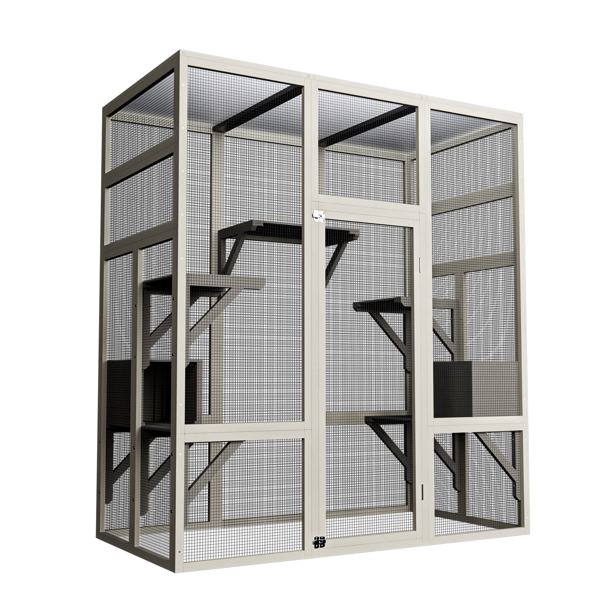 62.6" Outdoor Wooden Cat House Large Catio, Solid Wood Cat Cage Shelter Enclosure with Anti-UV & Waterproof Roof, 5 Platforms & 2 Resting Boxes, Gray