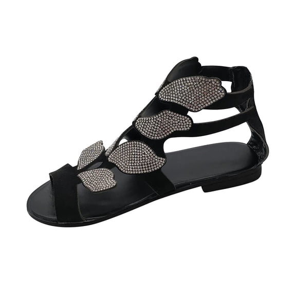 Womens Summer Sandals Comfortable Cut Out Back Zip Flat Sandal Rhinestone Gladiator Roman Shoes Casual Dressy Shoe