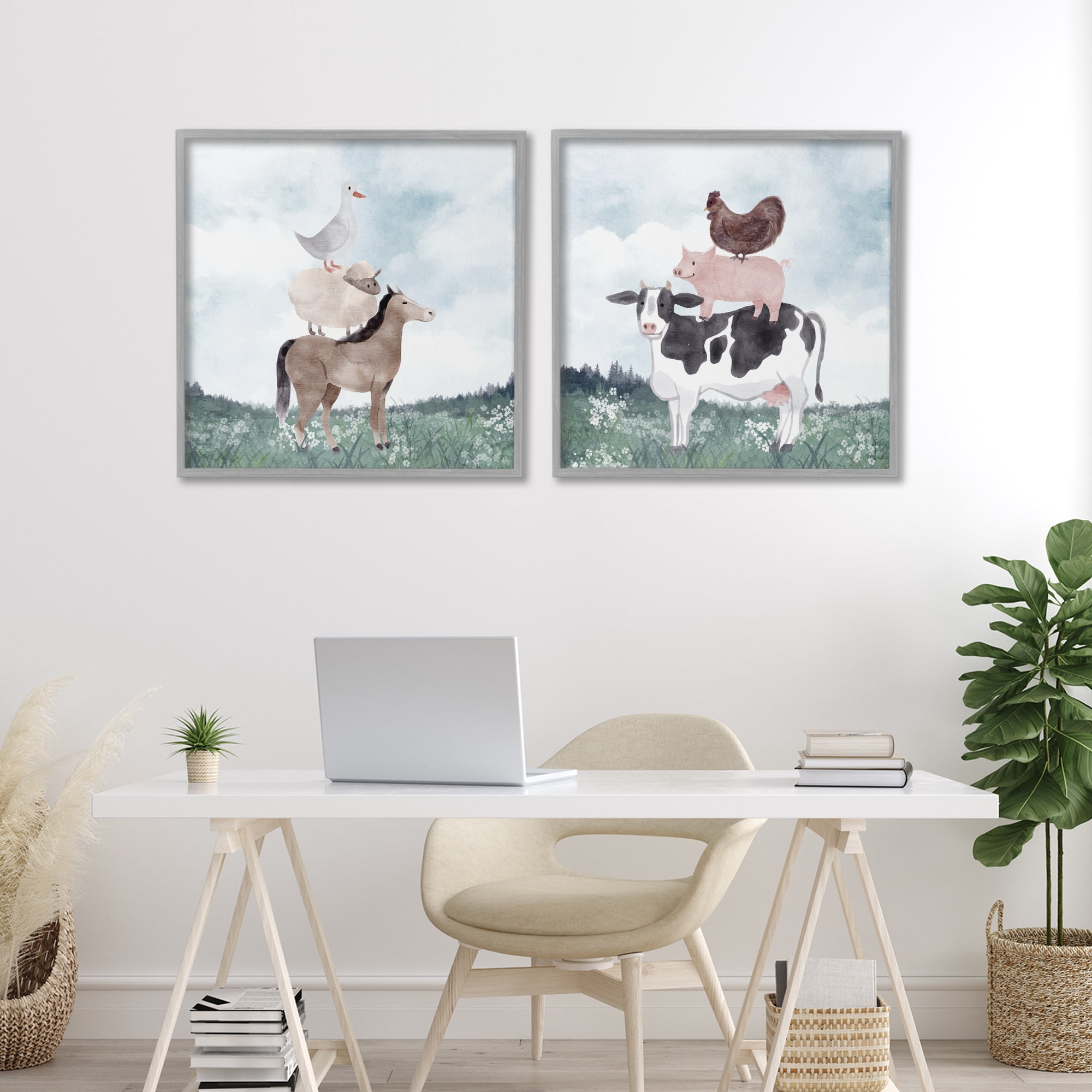 Stupell Industries Stacked Animals Blue Sky Farm 2 Piece Gray Framed Giclee Art Set, design by Kim Allen