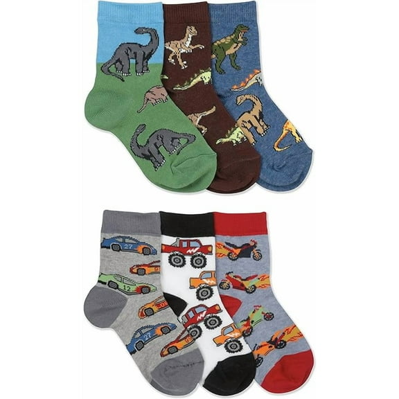 Jefferies Socks Boys Dinosaurs Race Car Pattern Novelty Crew Socks 6 Pair Pack