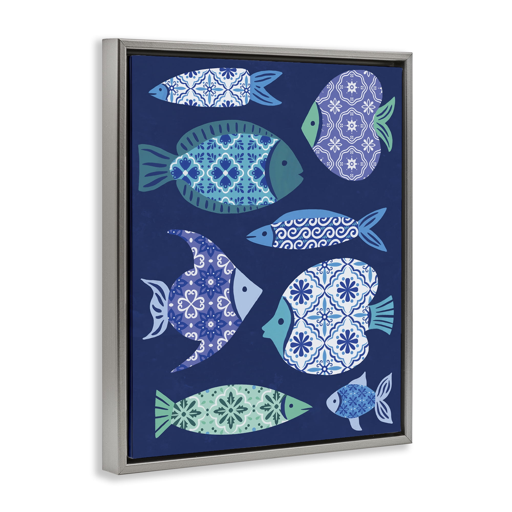 Stupell Industries Mediterranean Tiles Fish Animals Painting Gray Floater Framed Canvas Art Print Wall Art, 17 x 21