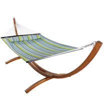Sunnydaze 2-Person Polyester Quilted Spreader Bar Hammock with Stand, 400 lb Capacity - Blue/Green