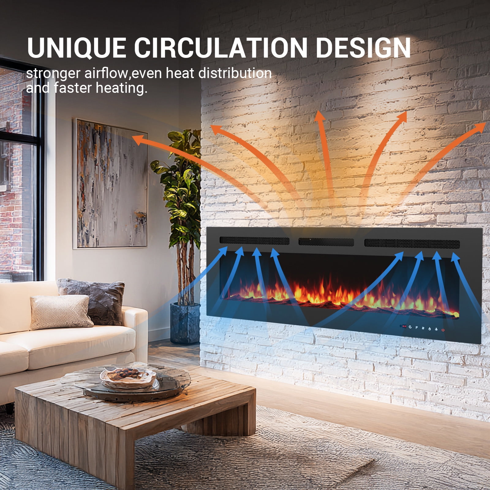 Joreek 60" Electric Fireplace, 750W/1500W, 12 Adjustable Flame Colors, 12-Hour Timer, Low-Noise Design, Supports Wall-Mounted/Freestanding/Built-In Installation