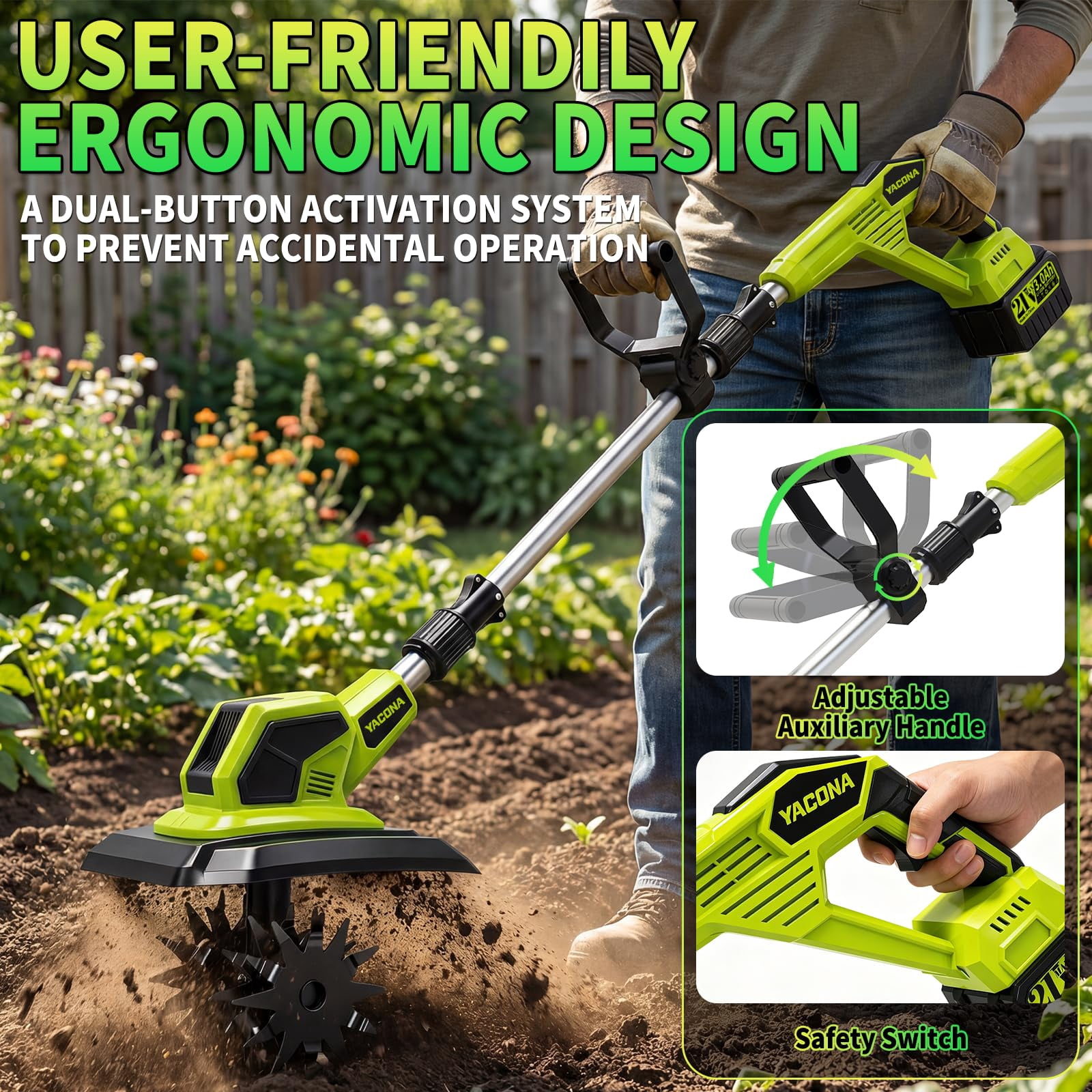 Yacona Cordless Garden Tiller Cultivator, 400RPM Electric Tiller for Gardening, Battery Powered Rototiller, with 2 x 3.0Ah Batteries, Green