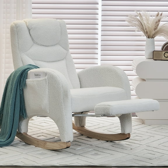 Rocking Chair Nursery, Nursery Rocking Chairs with Adjustable Footrest & Side Pocket, Comfy Rocking Chairs in Teddy Fabric, Reading Arm Glider Chair for Bedroom, Living Room, Office, Ivory