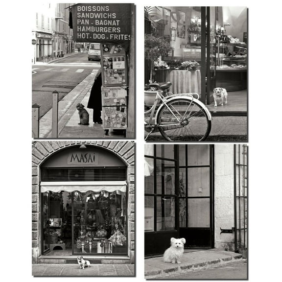 Classic Black and White French City Dogs Adult Decor; 4 - 8" x 10" Unframed Posters