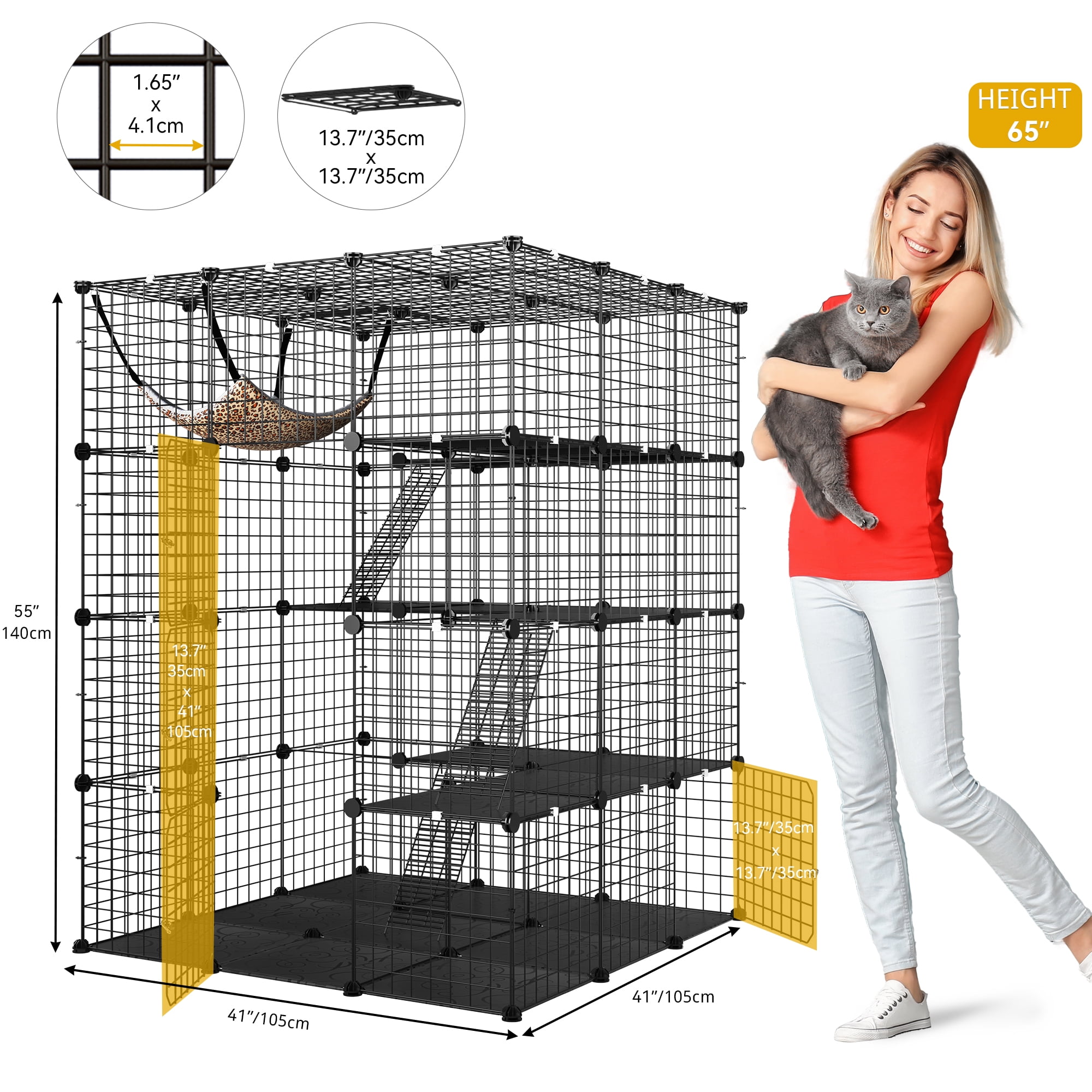 Uforic 4 Tier Cat Cage,Indoor Pets Playpen Cat Kennel with Hammock,Cat Enclosure  Metal cat Kennels for 1-4 Cats, DIY Detachable Pet Playpen, 41"L x 41"W x 55"H,Black
