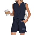 thumbnail image 5 of Stichou Women's Two Piece Sets Linen 2026 Summer Sleeveless V Neck Pleated Shorts Set Matching Sets Women Clothing Navy 2XL, 5 of 6