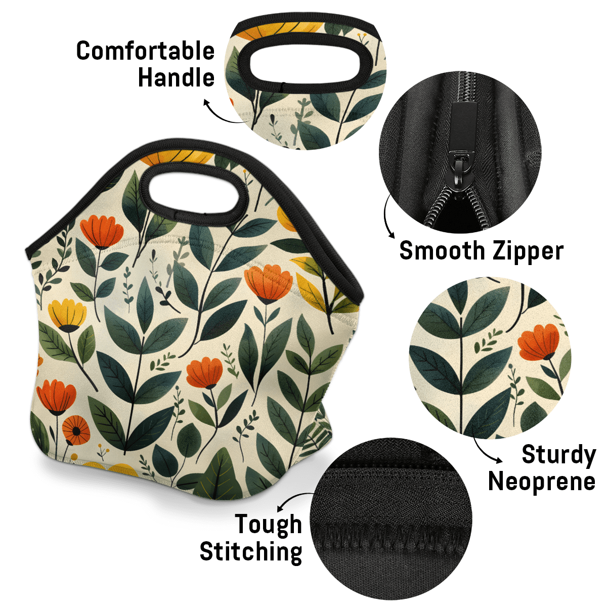 Herdesigns Floral Neoprene Lunch Bag, Wildflowers Insulated Lunch Box for Women Men Washable Lunch Tote Soft Lunch Container With Zipper for Work Picnic Travel