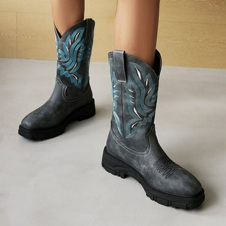 

Juebong Halloween Gifts Vintage Embroidered Cowgirl Cowboy Boots For Men Anti-Slipping Lightweight Durable Round Toe Boots