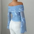 thumbnail image 4 of JGGSPWM Women's Floral Embroidered Off Shoulder Long Sleeve Tops Fall Mesh Ruched Fitted Trendy Going Out Shirts Blouses Blue L, 4 of 9
