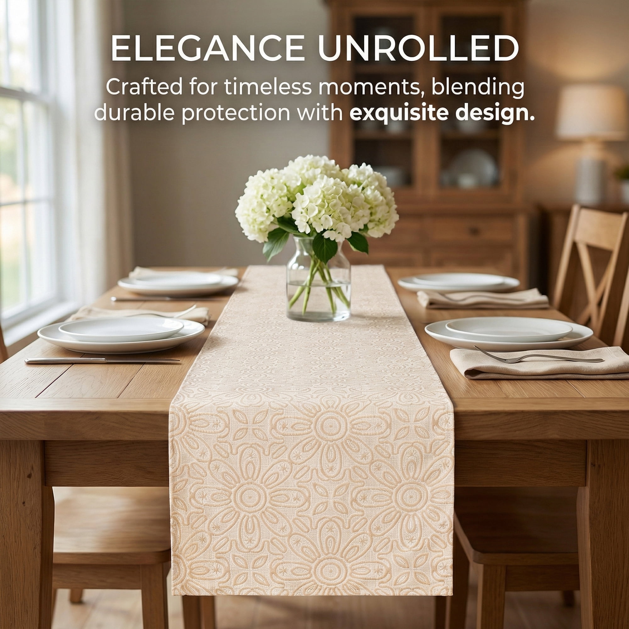 Unique Bargains Floral Elegant Polyester Kitchen Runner for Table Decor Beige 13.8"x63"