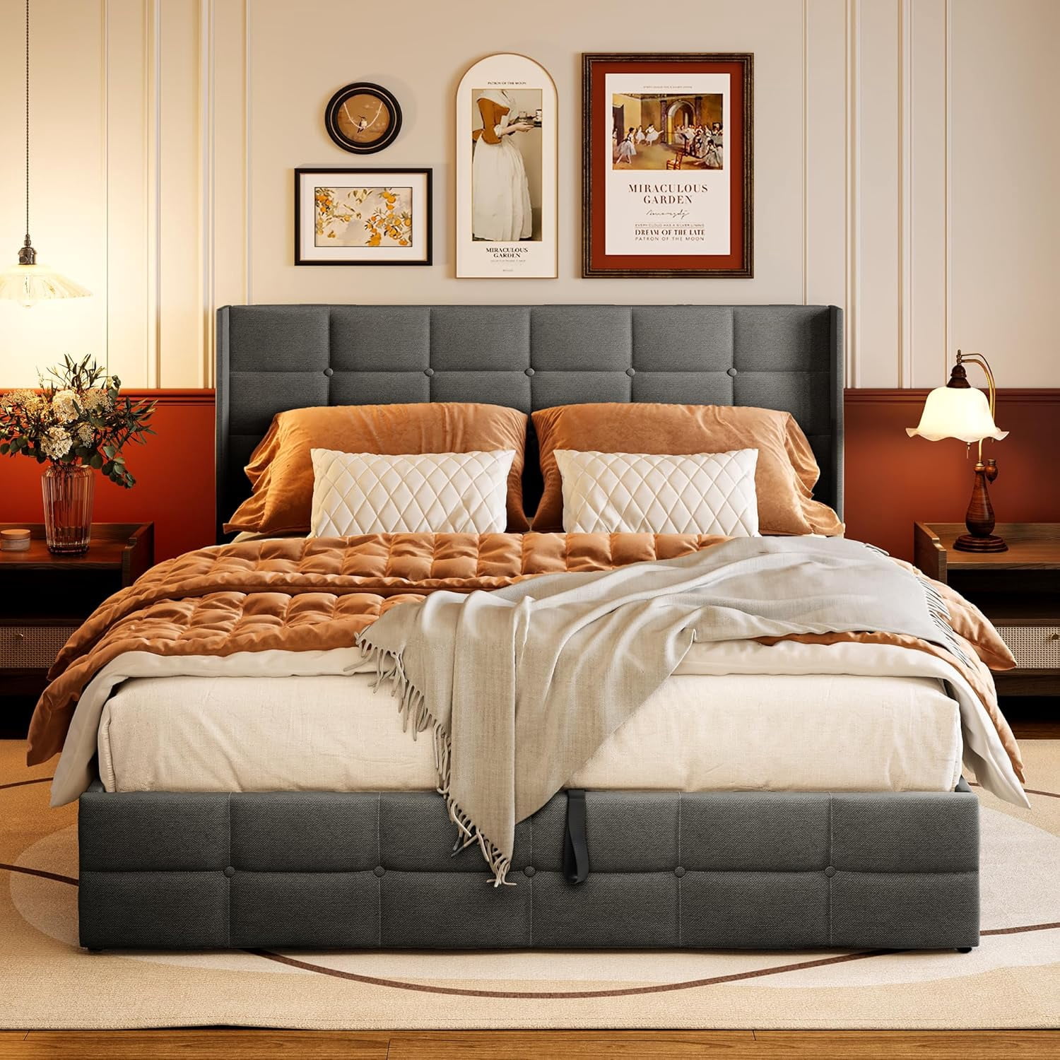 Lofka Queen Lift Up Storage Bed Queen, Upholstered Platform Bed Frame with Modern Wingback Headboard, Hydraulic Support, No Box Spring Needed, Grey