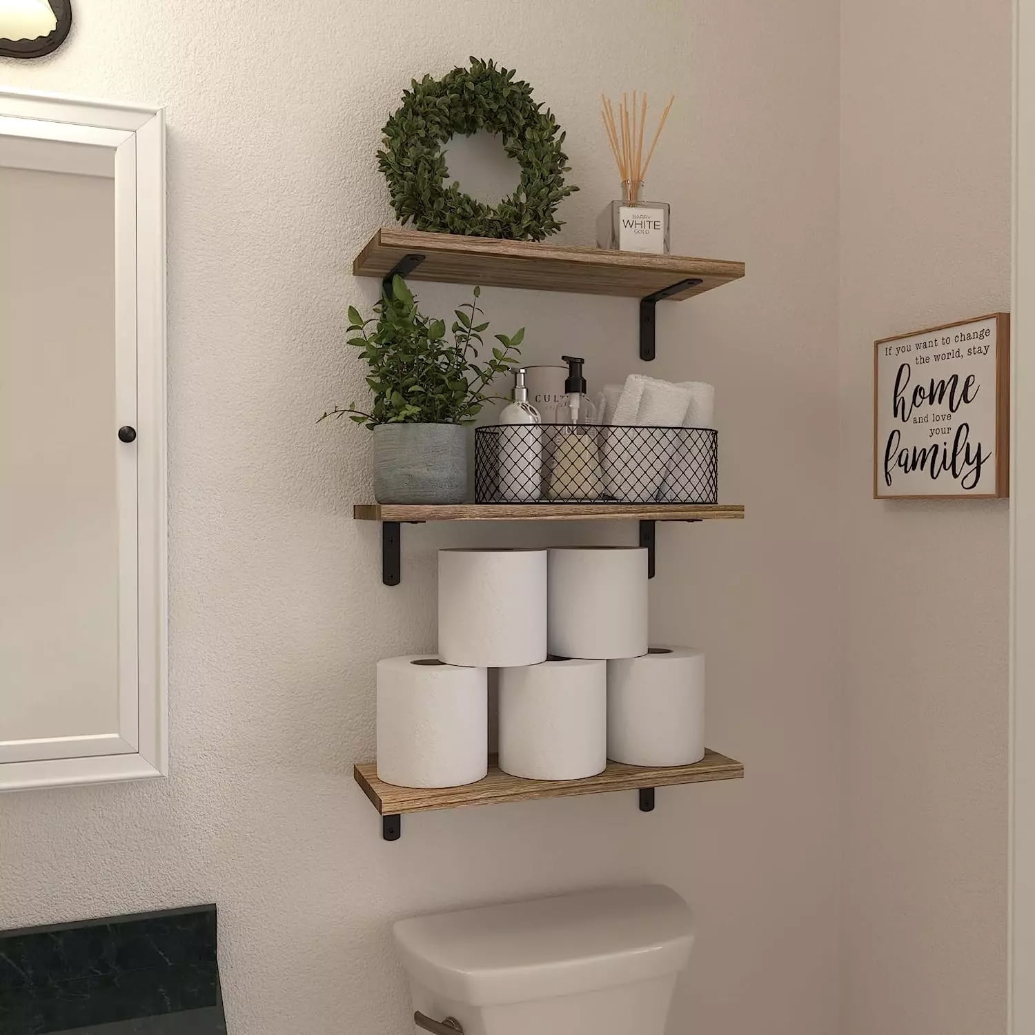 Floating Shelves Wall Mounted,16" Wood Wall Shelf Set of 5 Ideal for Living Room, Kitchen, Bedroom, Bathroom Storage, Wall Decor, Frames and Trophy Displays