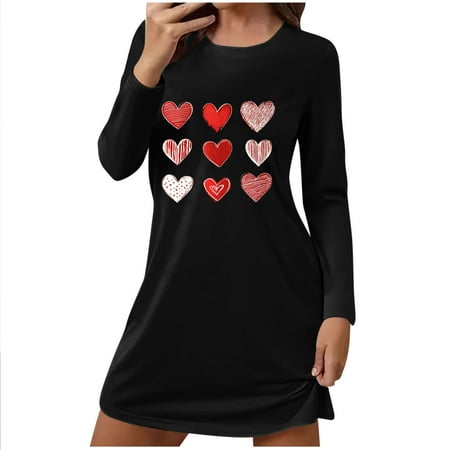 SERTG Womens Valentine Dress Short Nightdress Long Sleeve Round Neck Loose Fit Comfy Sleepwear Heart Print Homewear Casual Pajama Skirt(Black XL)