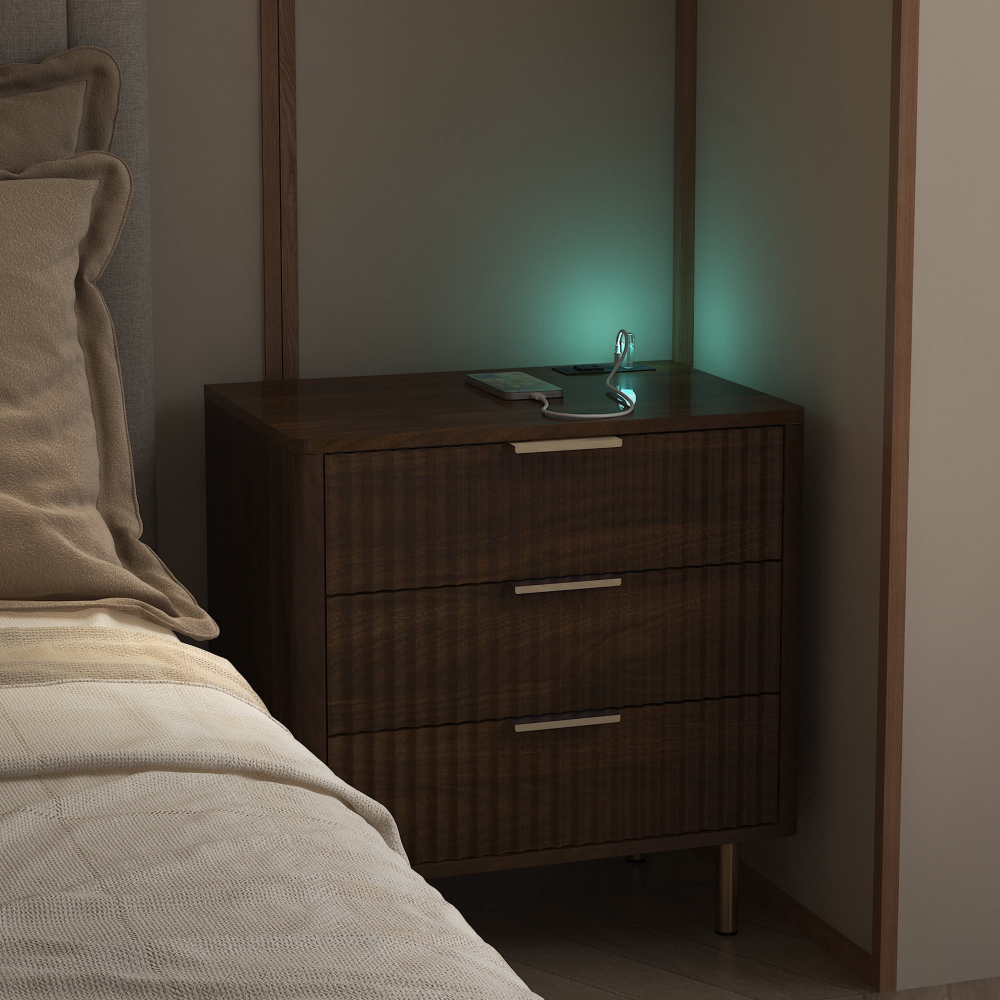 Nightstand with 3 Drawers & Charging Station,Smart Nightstand with Night Light with Storage Cabinet for Bedroom,Living Room,Wood02