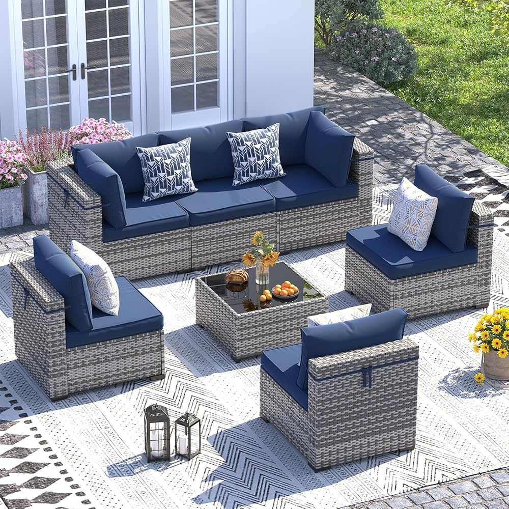 ELPOSUN Patio Furniture Set, 7-Piece Patio Furniture Set with Coffee Table & Waterproof Covers, All-Weather Wicker Outdoor Sectional for Backyard Balcony, Navy