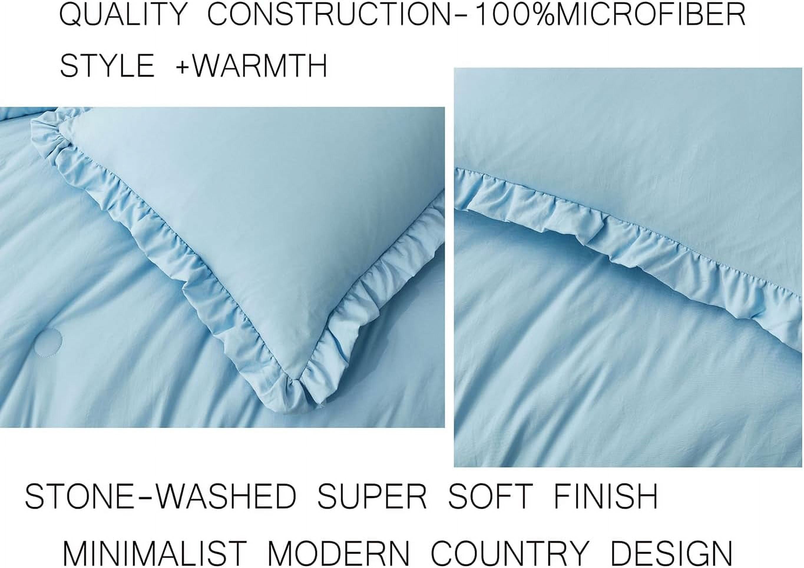 Chezmoi Collection Nora 3-Piece Chambray Blue Ruffled Edge Trim Microfiber Comforter Set, Queen Size