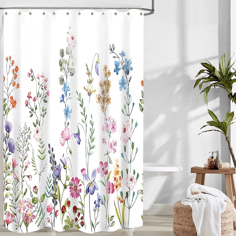 Floral Fabric Shower Curtain with Watercolor Design photo 5
