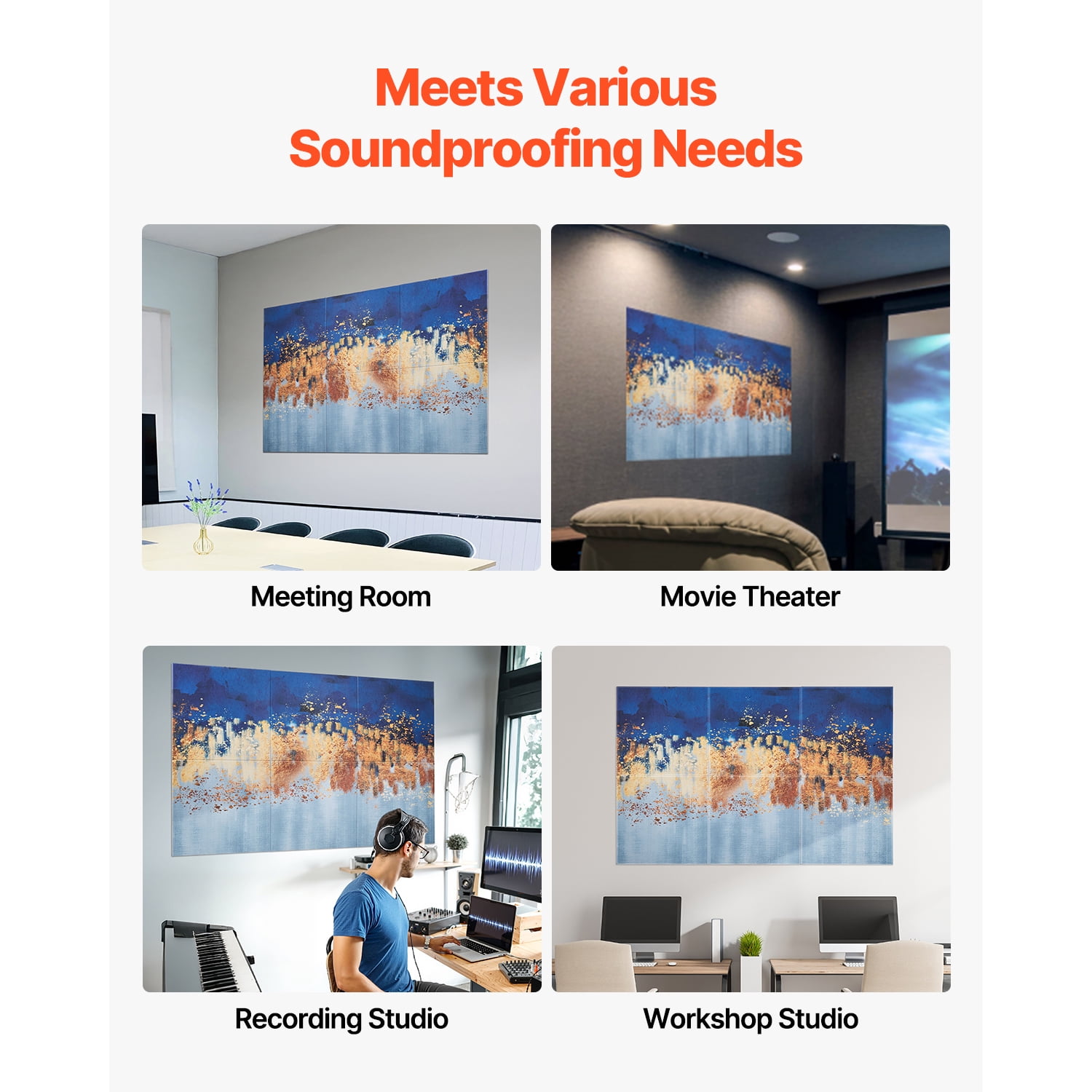 KFFKFF Set of 6 Artistic Acoustic Panels, Dimensions 70.87 x 47.24 x 0.4 inch, Wall-Mounted Soundproof Tiles, Stick-On Decorative Noise Reduction Boards for Household, Workspace, Recording Studio