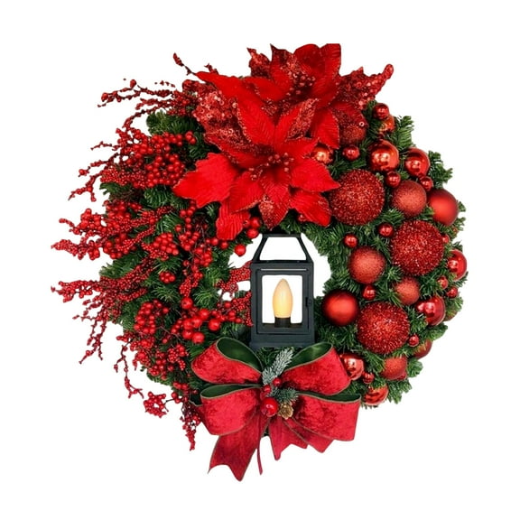 Artificial Christmas Wreath with Lantern Decorative Pine Cones Berries Ornaments Bowknot for Front Door Wall Holiday Home