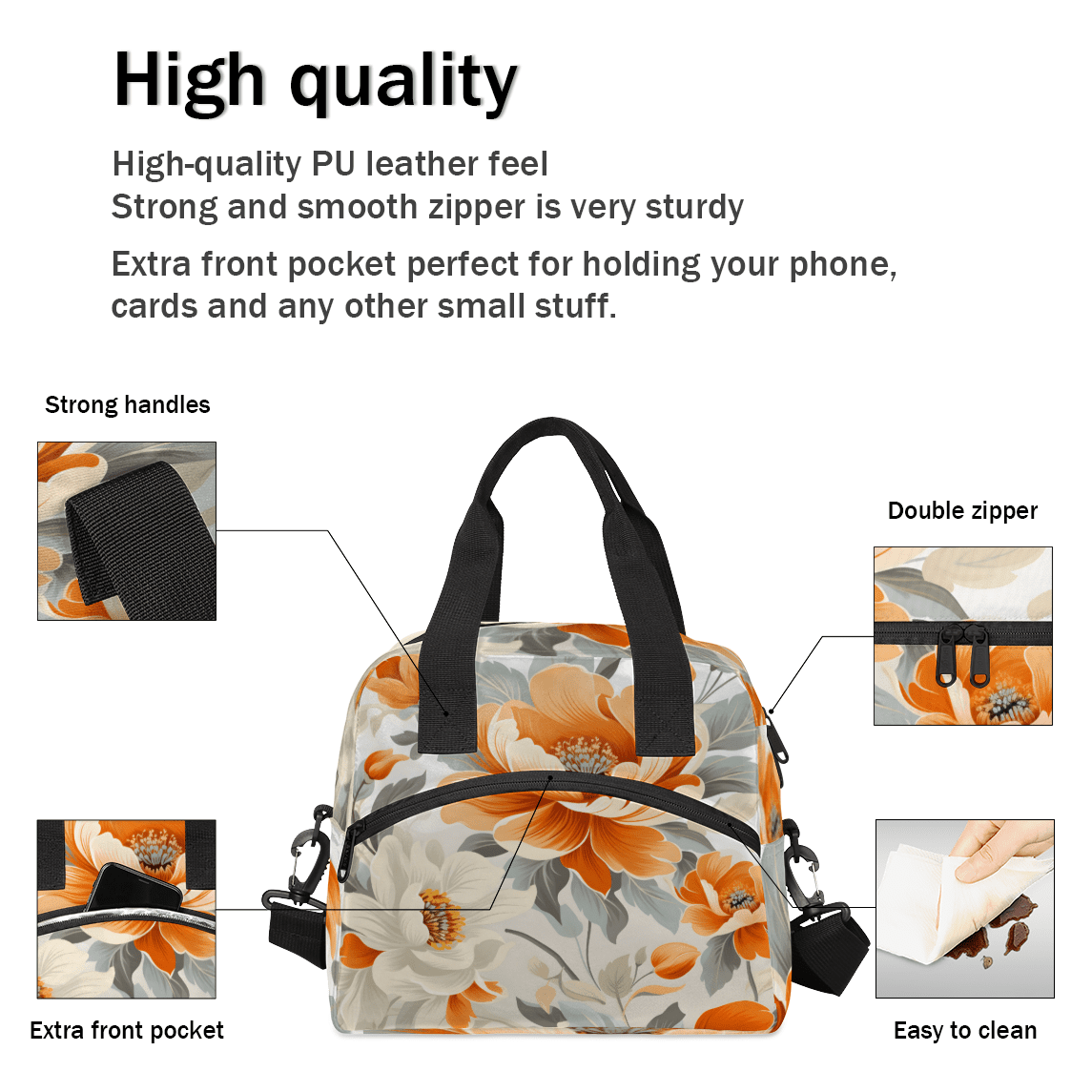 Herdesigns Floral Insulated Lunch Bag for Women Men Adults Large Reusable Lunch Box Orange White Flowers Leakproof Cooler Tote Bags with Adjustable Shoulder Strap