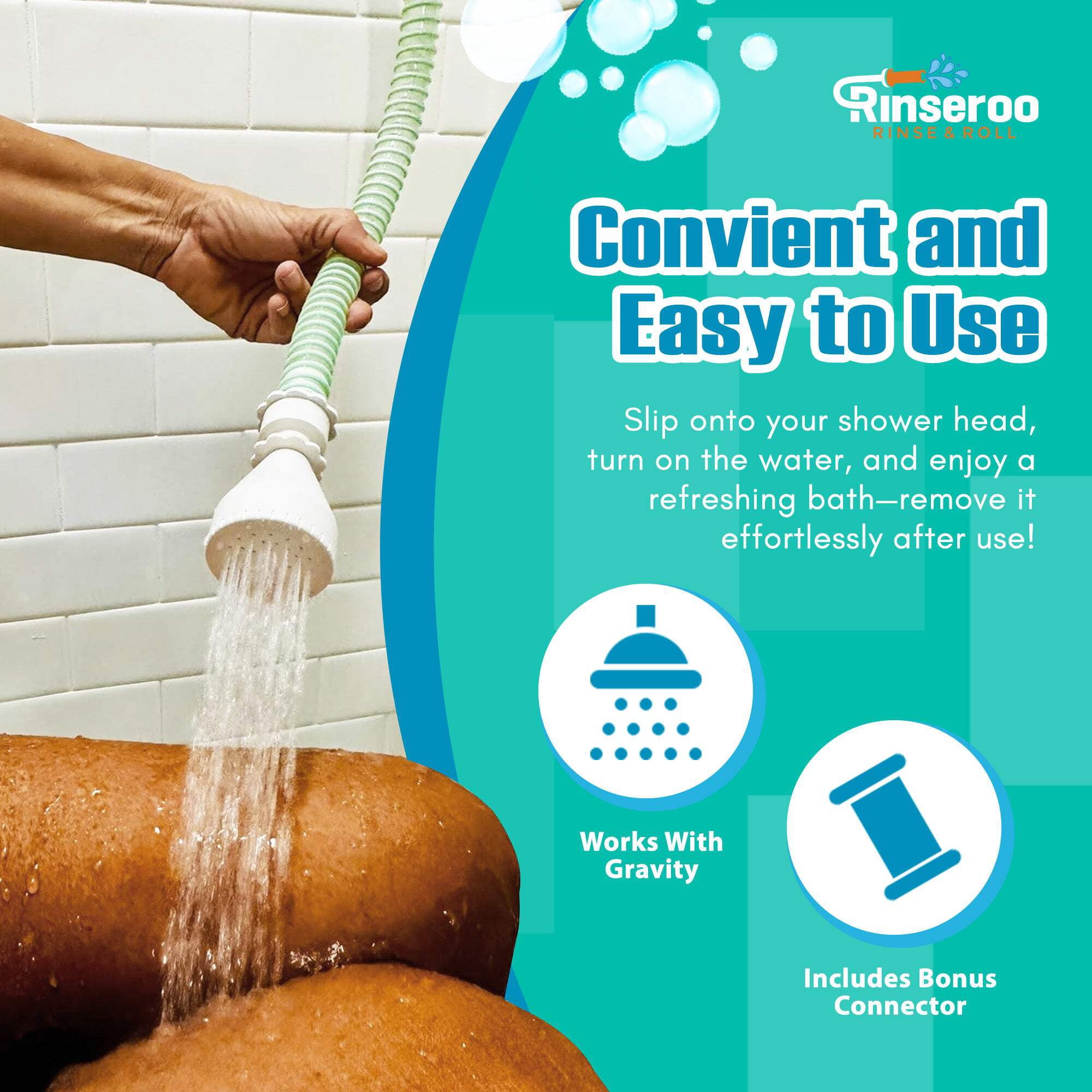 NEW Rinseroo: Slip-On Handheld Shower Attachment Hose w/Spray Head- Removable Extension Arm- Converts Fixed Shower Head into Handheld Bather. Portable, No-Install Shower Hose Wand for Seniors, RV.