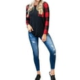 thumbnail image 6 of ZXSXSY Women Red Black Plaid Spliced Long Sleeves Pocket Front Round Neck Top, 6 of 6