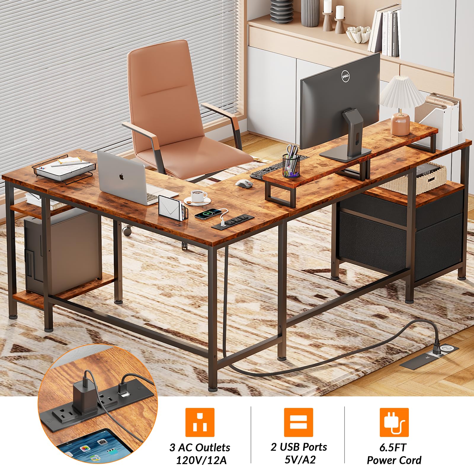 Furologee 66” L Shaped Desk with Power Outlet, Reversible Computer Gaming Desk with File Drawer & 2 Monitor Stands for Home Office with Storage Shelves, Rustic Brown