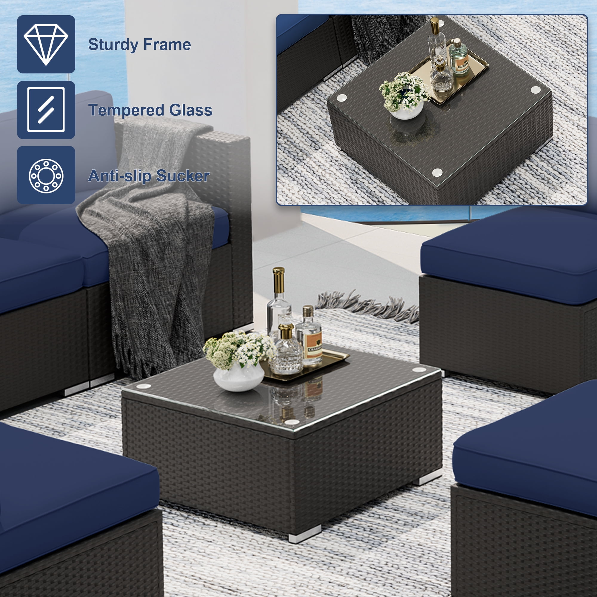 SUNCROWN 7-Piece Outdoor Patio Furniture Sofa Set All-Weather Black Wicker Sectional Conversation Set with Modern Glass Coffee Table and Cushions, Backyard, Garden, Deck, Dark Blue