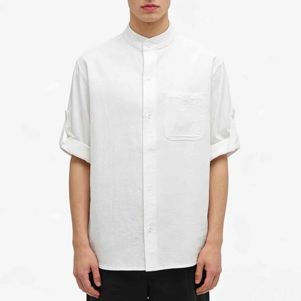 Blusa y camisa de manga corta con cuello alto para hombre, color liso, informal, holgada, a la moda, con botones y bolsillo, de poliéster.