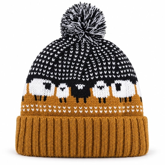 Hand Knit Pom Pom Beanie Hat, MovieâInspired Sheep Pattern Winter Knitted Cap for Fans Cold Weather Wear Multicolor
