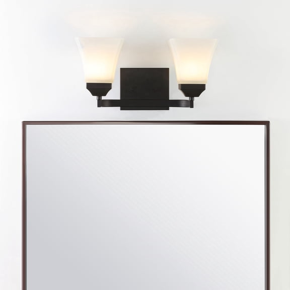 JONATHAN Y Staunton 15" 2-Light Iron/Glass Modern Cottage LED Vanity Light, Oil Rubbed Bronze
