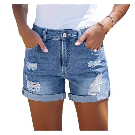 Pryla Plus Size Mid Rise Stretch Denim Shorts Frayed Rolled Hem Ripped Women's Summer Jean Shorts