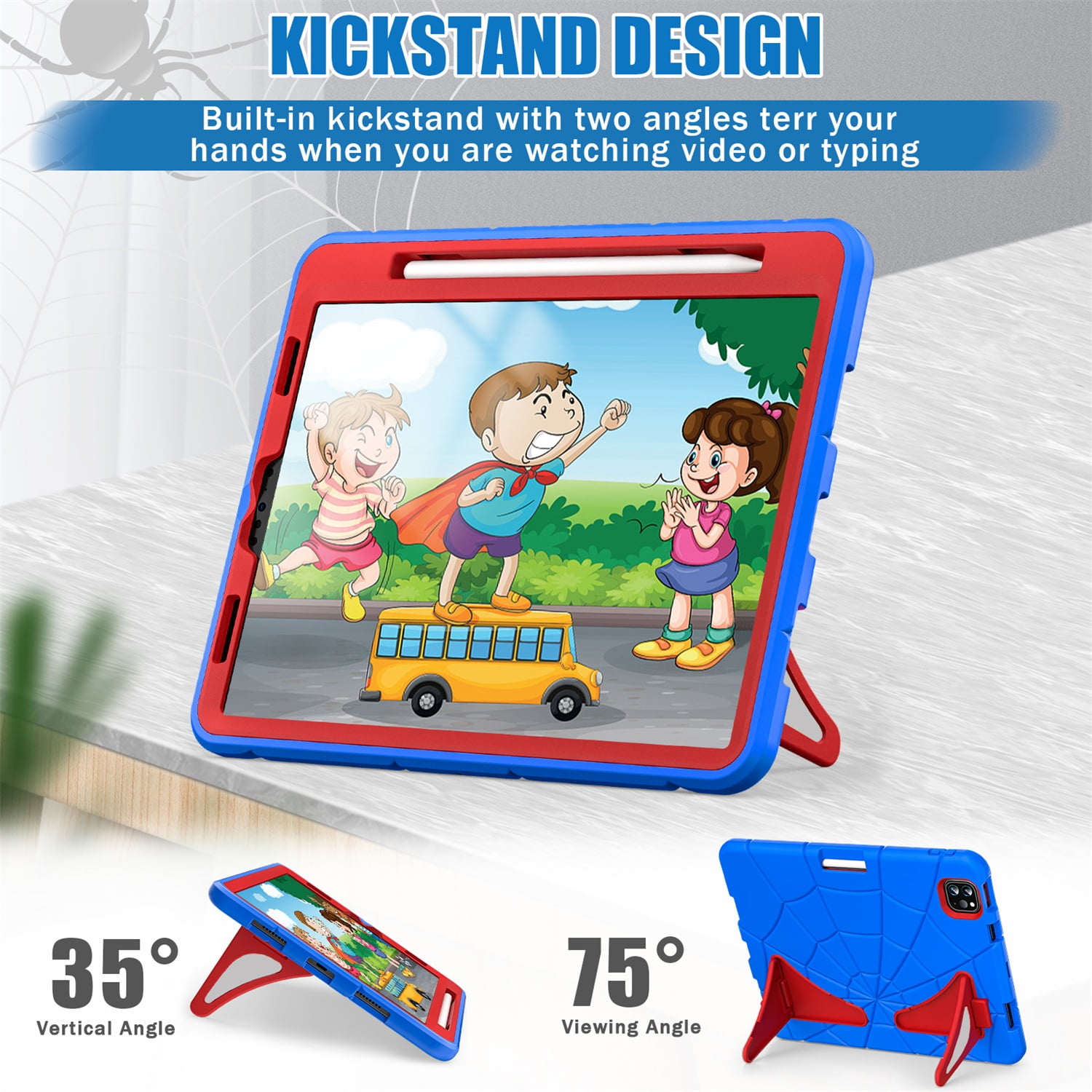 Kids Case for iPad 9th/8th/7th Generation with Pencil Holder, Lightweight Shockproof Stand Anti-Slip Rugged Silicone PC Case Cover for iPad 10.2" 2021/2020/2019 for Boys Girls, Blue+Red