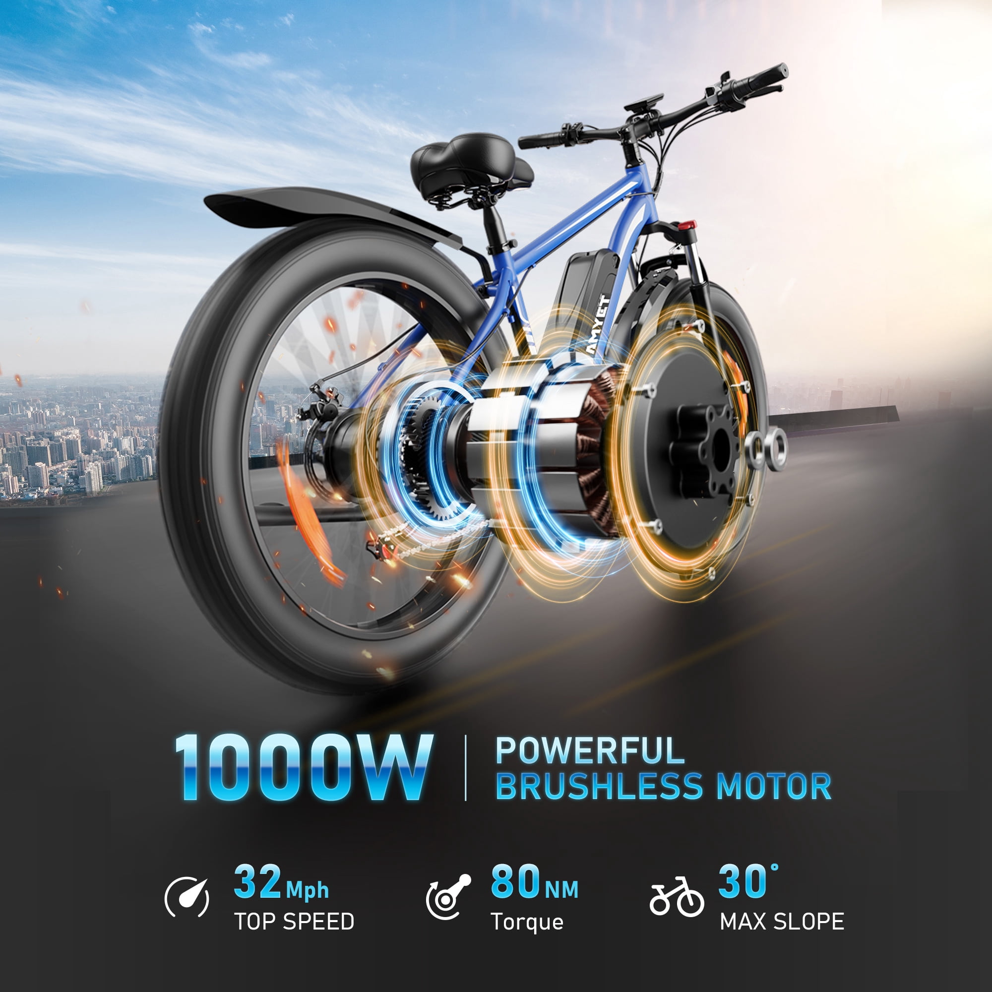 AMYET EB26 Electric Bike for Adults Set of 2, 26" Fat Tire E-Mountain Bicycle, 1000W 48V 15Ah 7-Speed Ebike UL2849