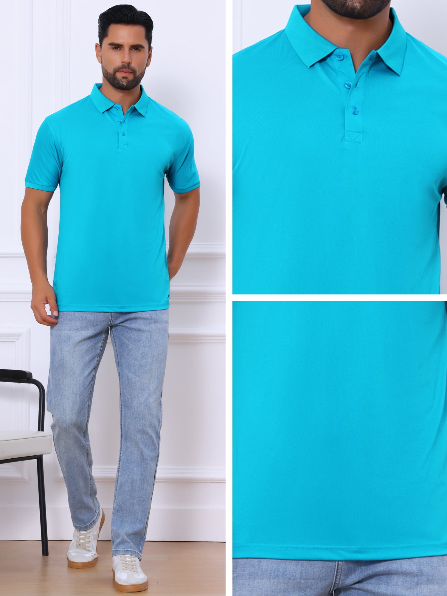 DARING DIVA Men's Solid Stretch Short Sleeve Slim Fit Golf Shirt L Bright Blue