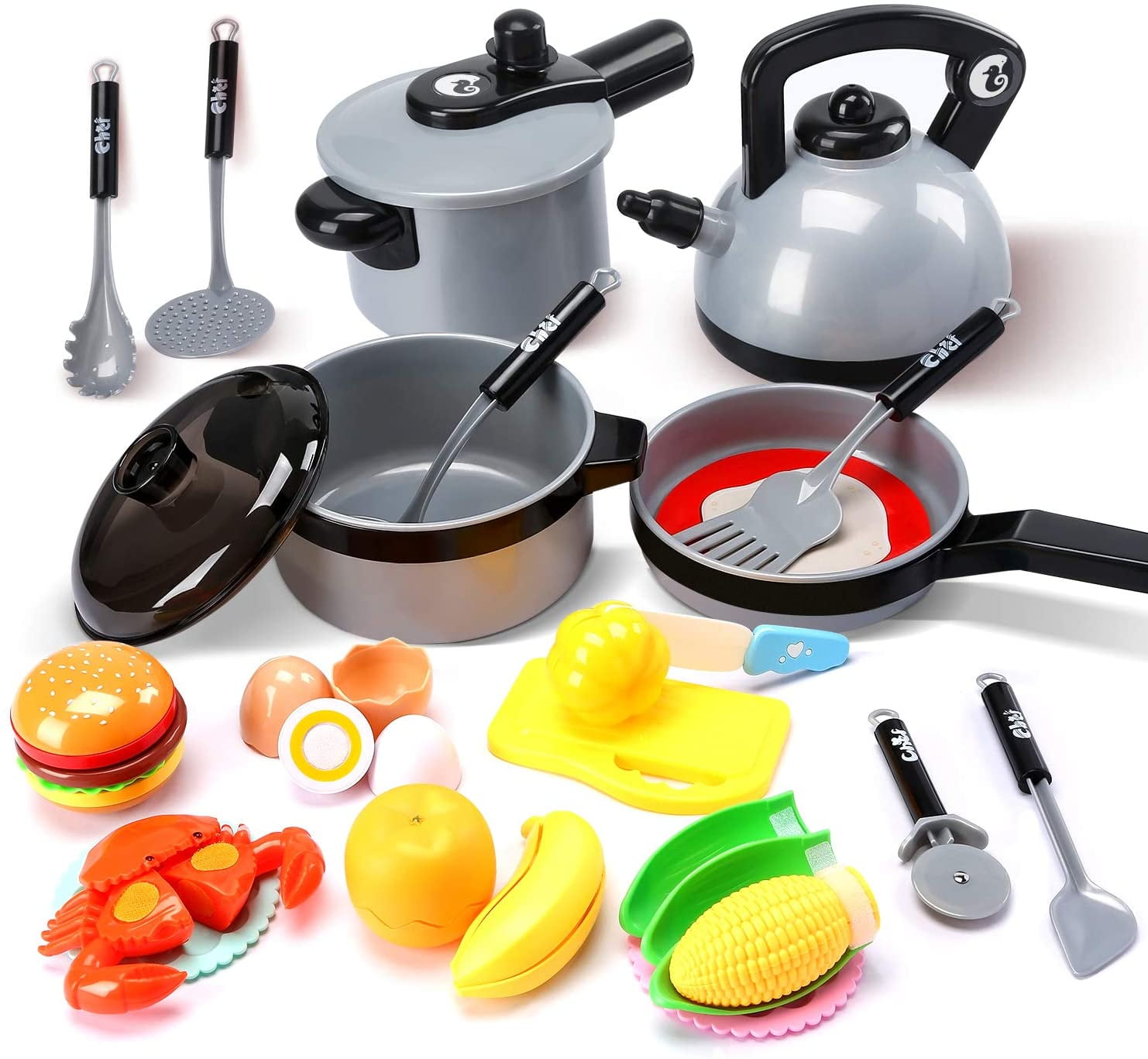 Cutting Vegetables & Fruit Cooking Toys with Stainless Steel cookware pots and Pans Set pingqian Kitchen Pretend Play Toys Cooking Utensils Accessories Apron & Chef Hat for Girls Boys 