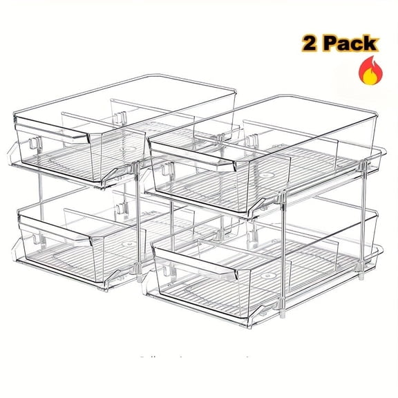 2-Tier Clear Organizer with Dividers, Slide-Out Storage Container for Cabinet, Shelf & Countertop, Multi-Use Kitchen Pantry, Bathroom, Vanity & Under Sink Organizer