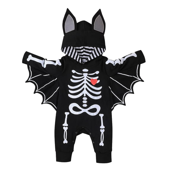 CONZONE Halloween Bat Romper for Boys Printed Long Sleeve Hooded Hallowmas Jumpsuit for Kids Funny Child Onesie Size 3-6 Months