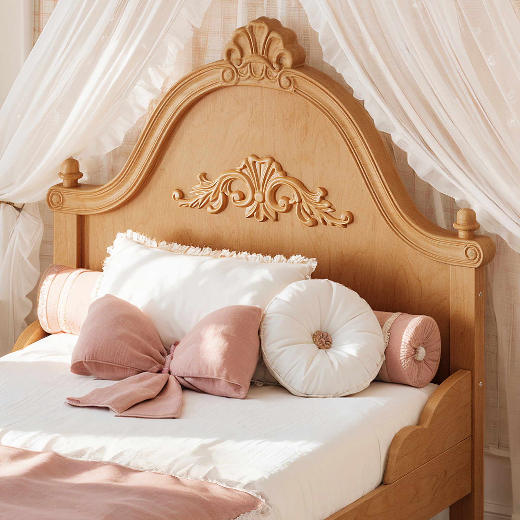 GARITIN Twin Vintage Carved Platform Bed with Headboard, Solid Wood Bed Frame with Slatted Support, Low Profile Platform Bed, No Box Spring Needed, Natural