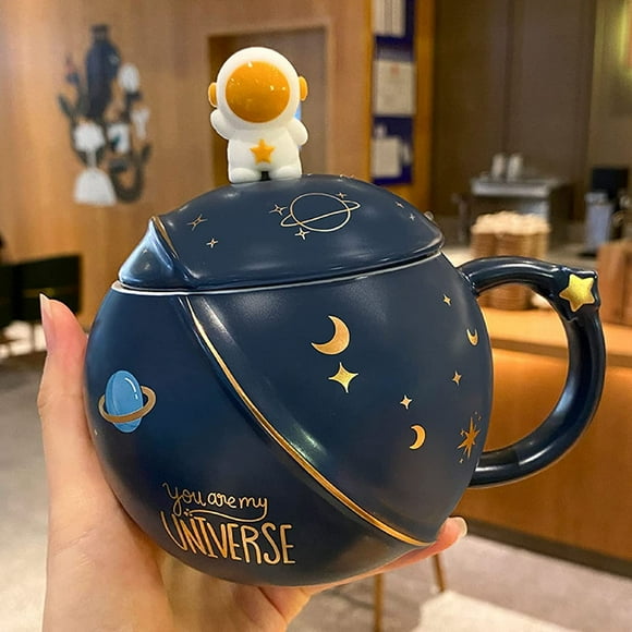 nipocaio Cute Astronaut Mugs with Lid, Kawaii Novelty Ceramic Coffee Mug, Morning Ember Mushroom Milk, Navy Blue Teacup 400ml/13oz