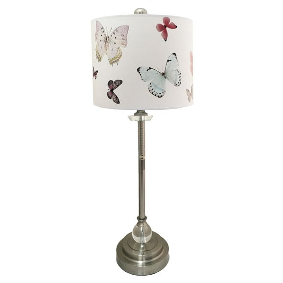 Royal Designs 28" Crystal and Brushed Nickel Buffet Lamp with Colorful Butterfly Design Hard Back Lamp Shade