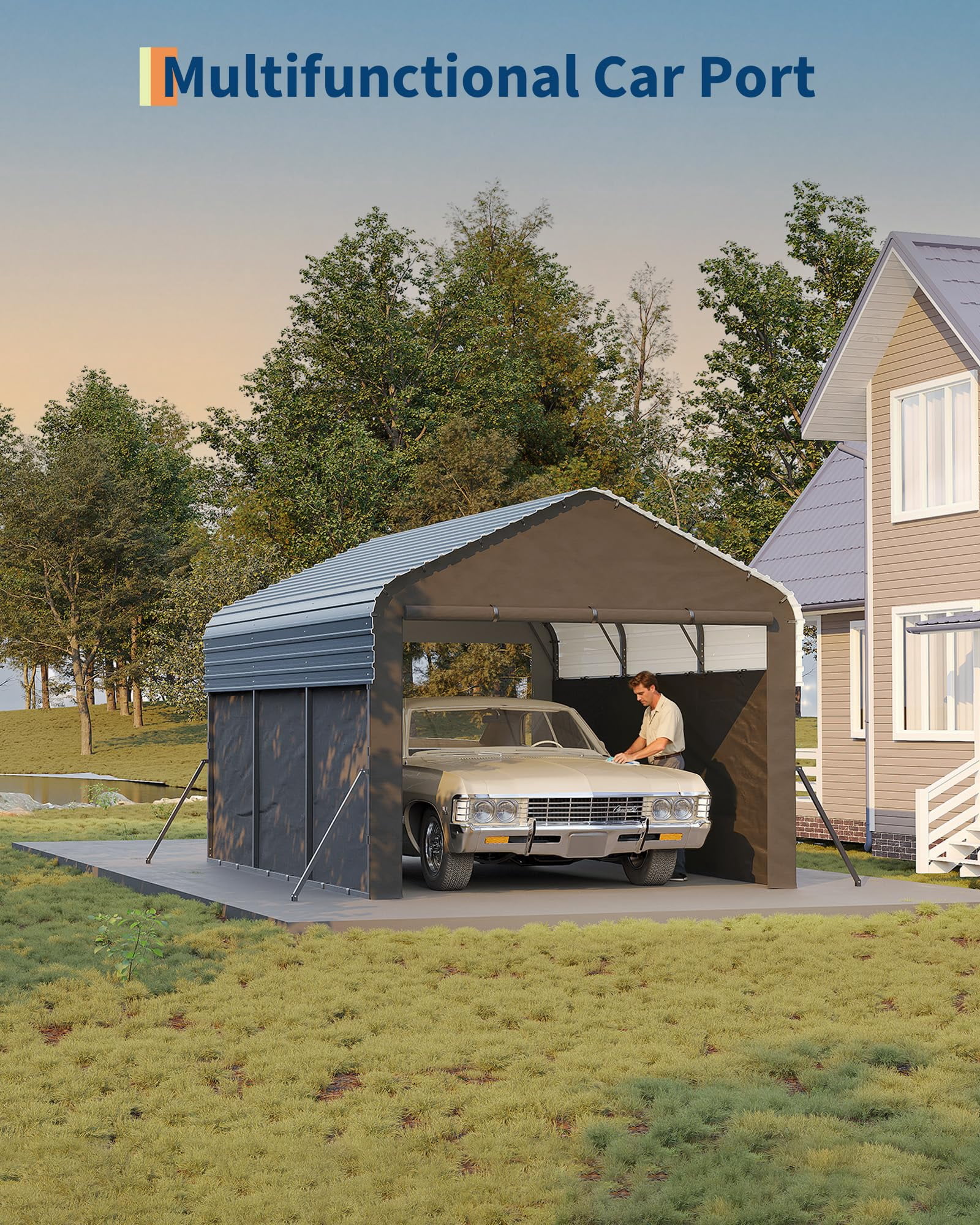 10'X15'X9' Metal Carport, Enclosed Car Ports with Heavy Duty Steel Frame and 220 g Tarp, All-Weather Carport, for Sedans, Boats, and Tractors