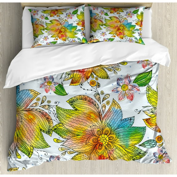 Floral Duvet Cover Set King Size, Macro Flower Petals Florets Blurry Watercolor Brushstroke Effects Beauty Art Print, Decorative 3 Piece Bedding Set with 2 Pillow Shams, Multicolor, by Ambesonne