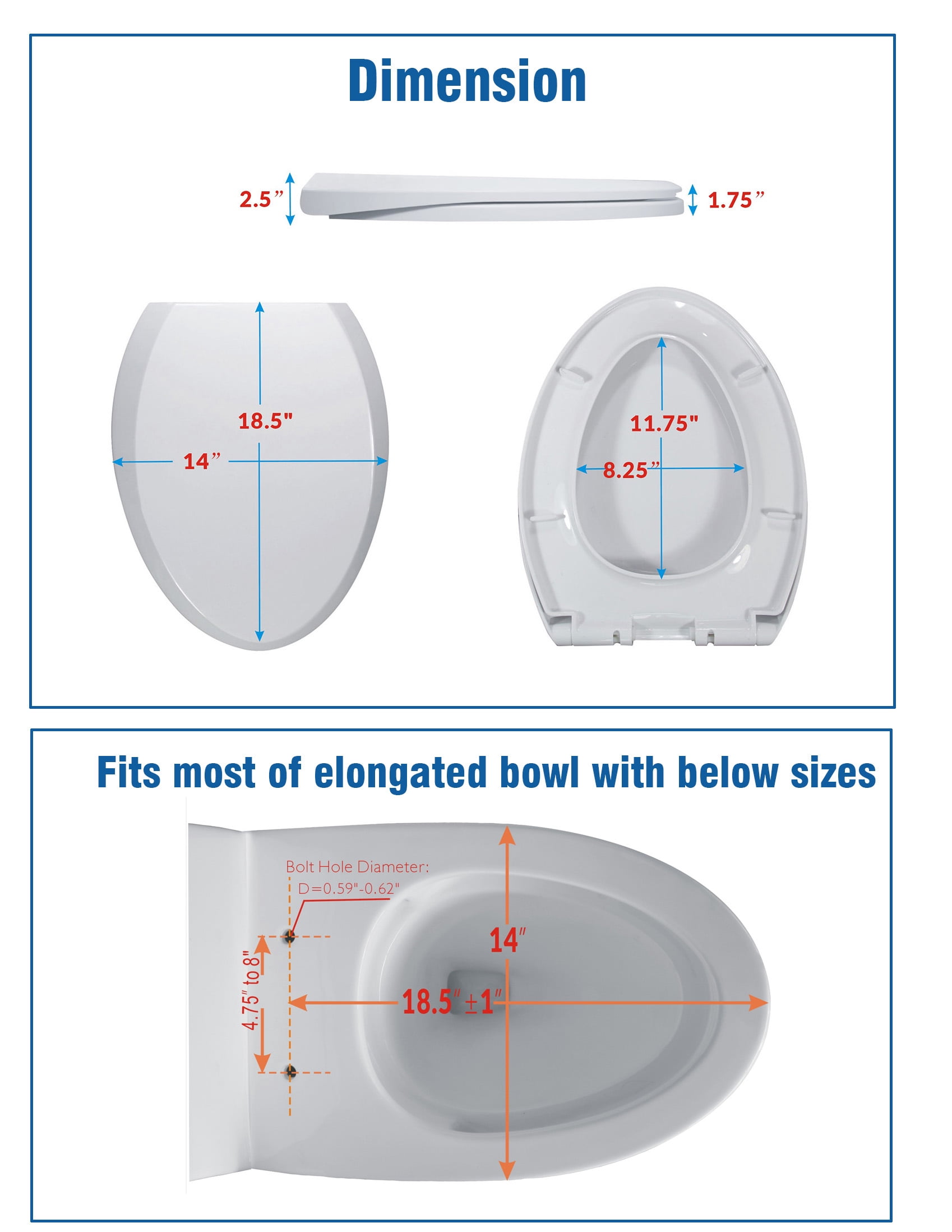WinZo ES001 Elongated Plastic Toilet Seat Soft Close in White with Top Mount Bolts,Easy Install