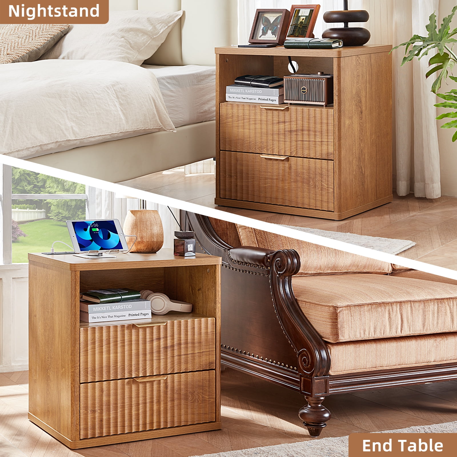 LEYAOYAO Fluted Nightstand with Charging Station, Modern End Table with with Open Shelf and 2 Storage Drawers for Bedroom, Brown