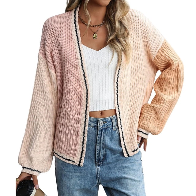 Cárdigan Abierto con Bloques de Color y Rayas en Contraste para Mujer, Suéter Grueso, Abrigo de Abrigo. Rosa M