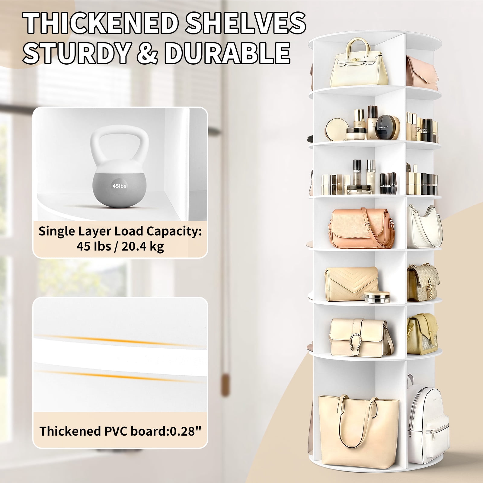 Ktaxon 7-Tier Rotating Shoe Rack Tower,  Free Standing 360° Revolving  Organizer, 28 Pairs of Shoes/ Bag, White